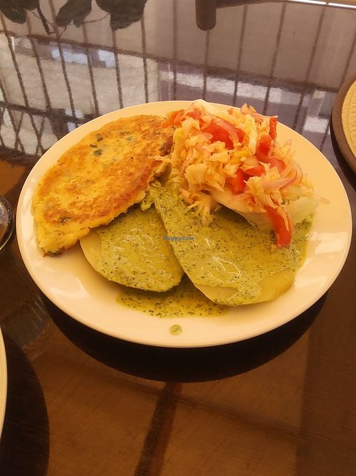 Main plate... Ocopa, salad and an egg patty at La Naturaleza in Chiclayo