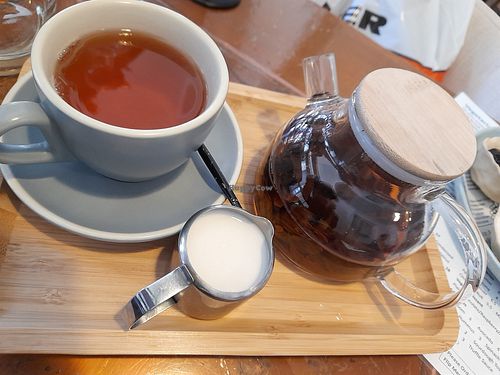 Pot of Ruby Black tea with almond milk at The Little Poet in Hobart
