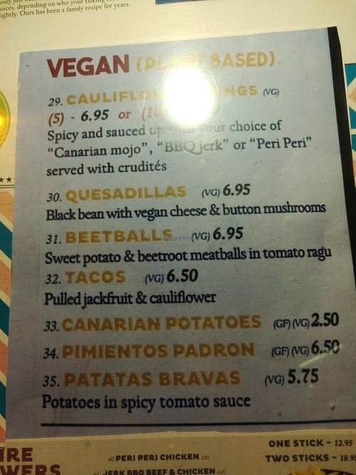 Vegane Speisekarte at Cabanas 1984 in Tenerife