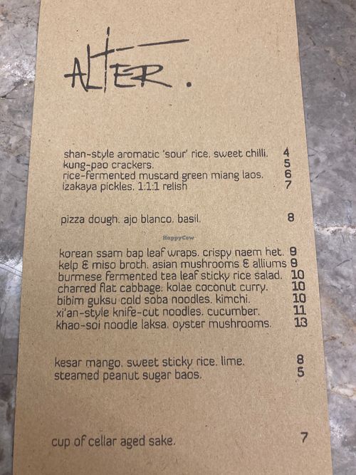 Menu at alter in East London