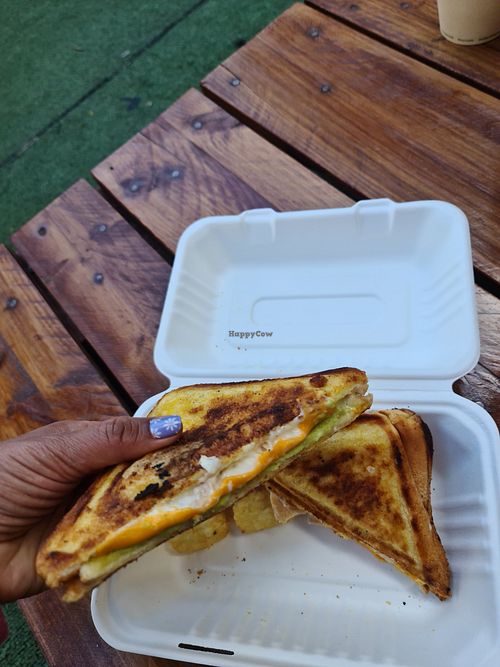 Mock chicken, avo, cheese, mayo at The Bearded Jaffle in St Kilda