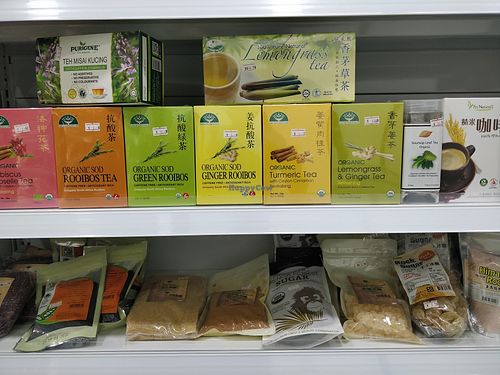 Assorted tea, Tumeric powder and seeds at Ixora Vegetarian Organic 依索啦 in Central Singapore
