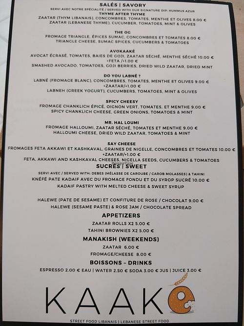 The menu at Kaaké in Antibes