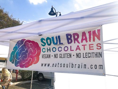 Booth at farmers market at Soul Brain Vegan Chocolates in Simi Valley