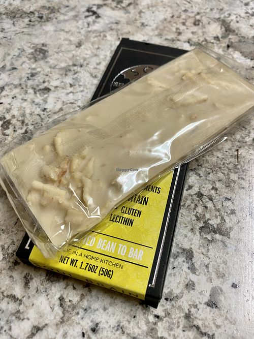 White Chocolate Potato Chip - New Biodegradable Packaging  at Soul Brain Vegan Chocolates in Simi Valley