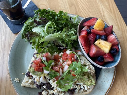 Tofu Scramble with a side of fruit.    Really good!  at Milestones in Abbotsford