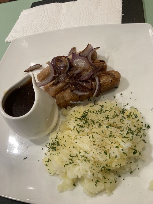 Sausage with potato mash and gravy   at Green Island Bistro in Rhuddlan