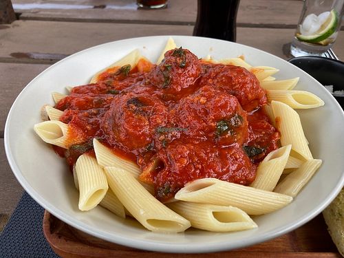 Pasta with vegan meatballs at The Beer Garden in Arusha