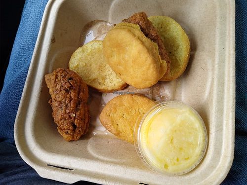 Vegan chicken and biscuits with vegan honey butter at Project Pollo in Austin