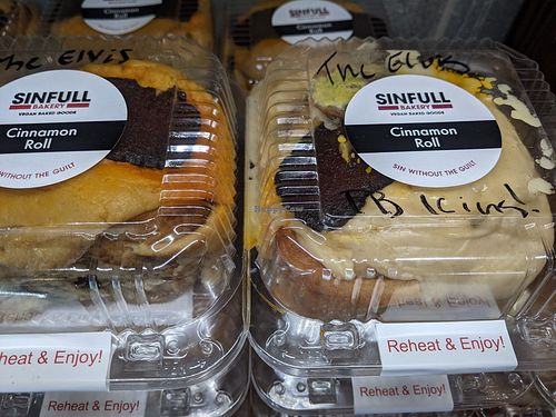 Those tasty Texas sized cinnamon rolls in Elvis flavor, peanut butter, banana, bacon - yes they're VEGAN! at Sinfull Bakery in Houston