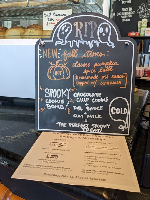 Fall seasonal menu board at Sinfull Bakery in Houston
