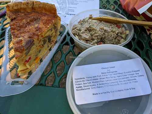 Mushroom bell pepper quiche made with Just Egg, Jackfruit Chicken salad at Sinfull Bakery in Houston