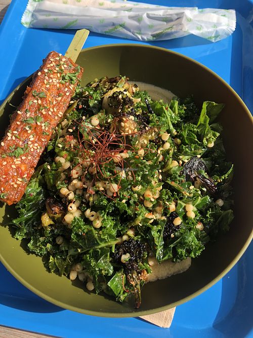 Broccolini and Brussels bowl with tofu skewer at Plenty in Lakeland