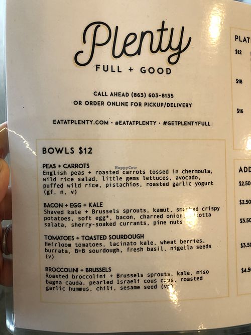 Menu at Plenty in Lakeland