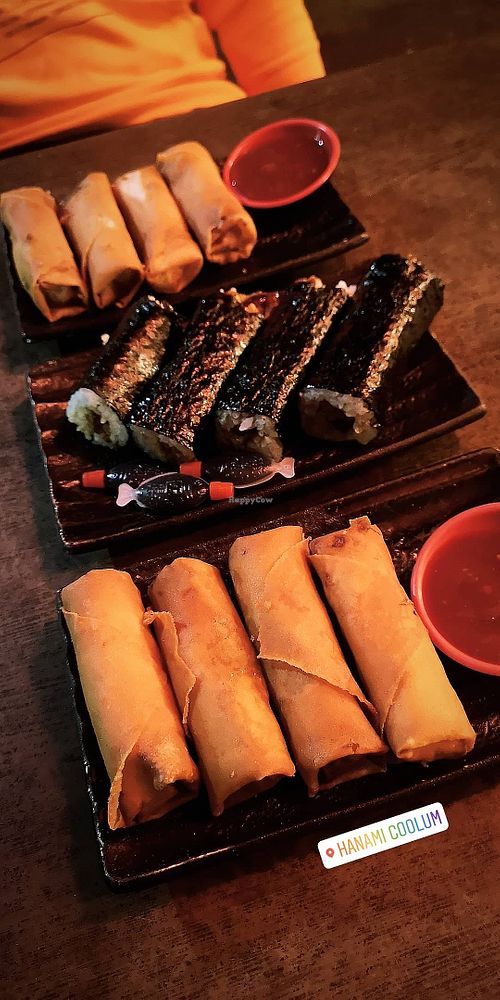 Spring rolls and vegan tempura sushi, sooo good! at Hanami - Asian Fusion in Coolum Beach