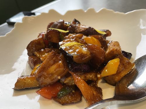 Stir fried eggplant and monkey head mushroom dish   at Emerald 珺 in Hong Kong Island