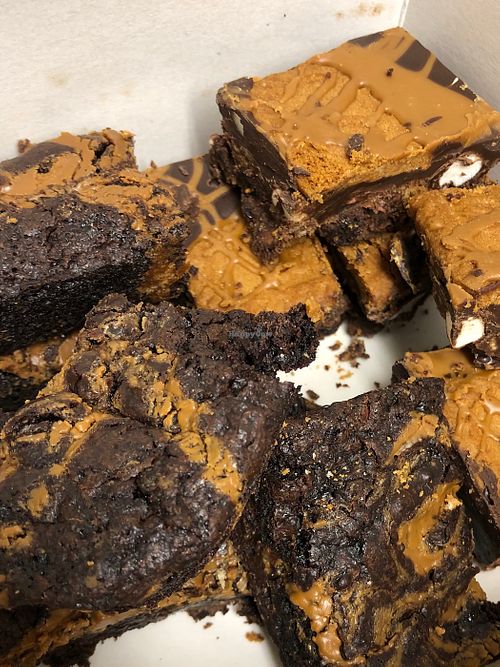 Chocolate and Biscoff Brownie and Biscoff Rocky Roads. at Pure Bakery Highland in Inverness