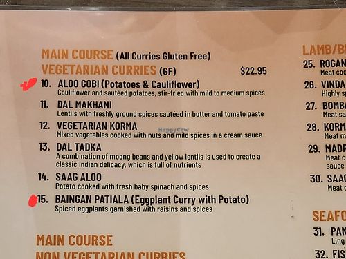 Dishes that can be made vegan (also one of the lentil options, i forgot which one) at Mr Chef's Indian Cuisine in Jindabyne