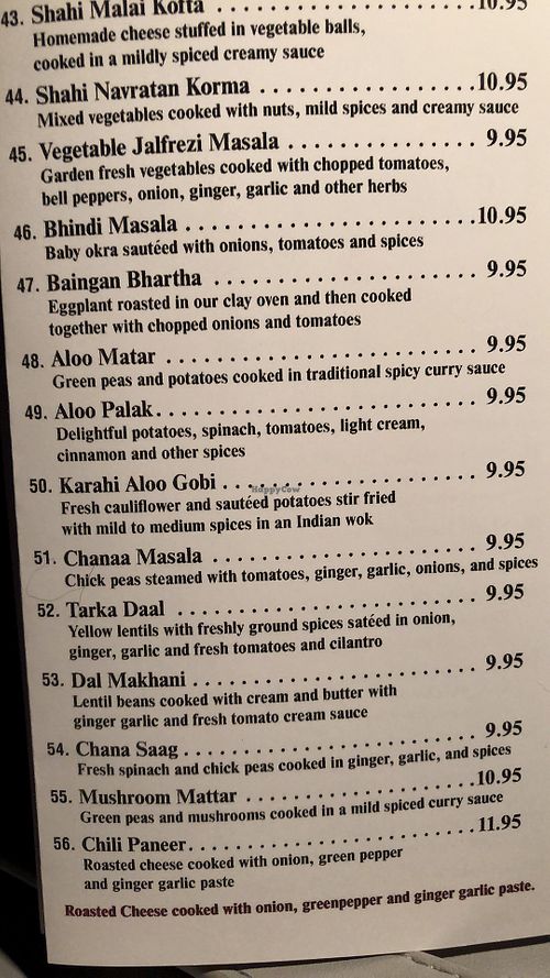 45-55 are either already vegan or can be made vegan. at Kabab & Curry in Canton