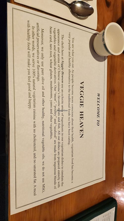 Placemat at Veggie Heaven in Teaneck