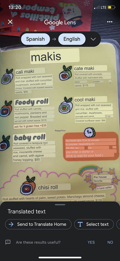 google translated menu at Veggie Koi Sushi in Mexico City