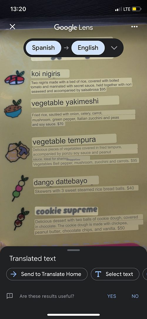 google translated menu at Veggie Koi Sushi in Mexico City