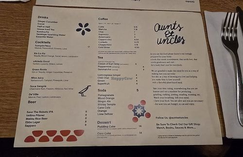 Menu at Aunts et Uncles in Brooklyn