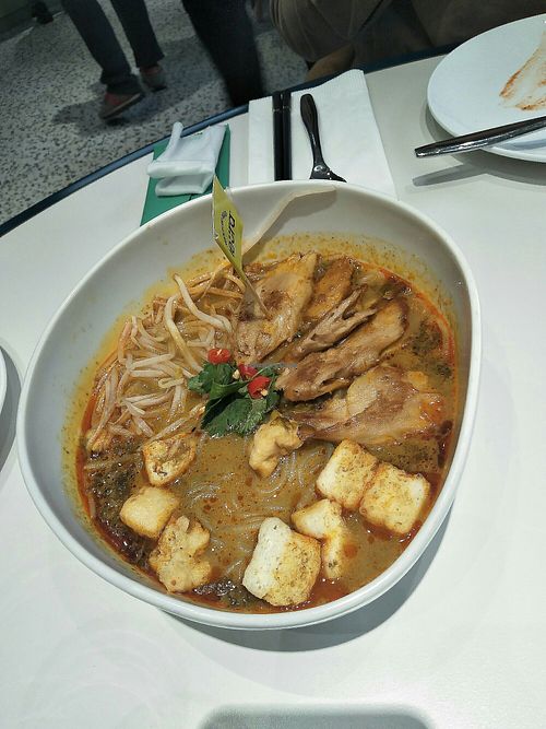 Laksa with tofu & fake chicken. at Green Common - Raffles City in Shanghai