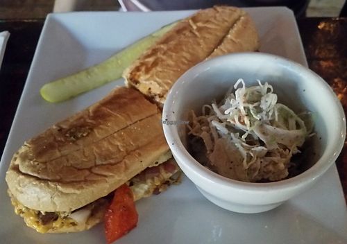 Vegan cheesesteak sandwich and vegan coleslaw at Galaxy Hut in Arlington