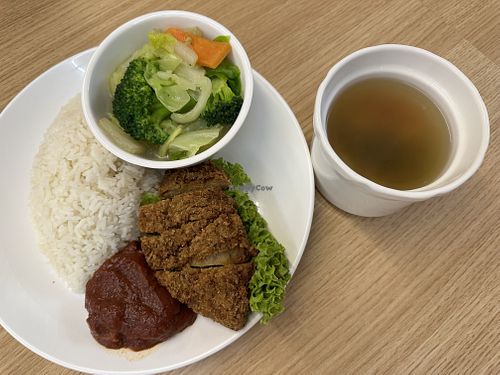 Crispy chicken chop rice and soup   at Green by choice 我行我素 - Hougang Green Mall in Northeast Singapore