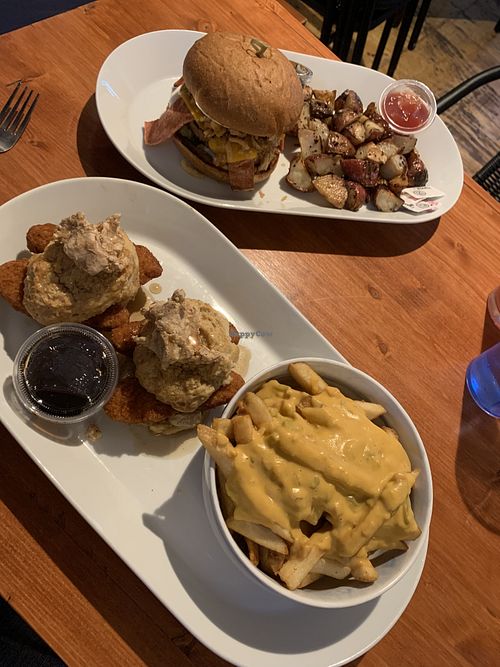 Hot honey chicken biscuits and cheese fries (front), campfire burger with breakfast potatoes (back)  at Brunch Bird in Austin