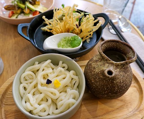 Fried tofu agedashi-style with cold udon noodles at Graines du Jour in Paris