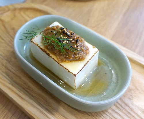 Silken tofu with a miso/umeboshi sauce at Graines du Jour in Paris