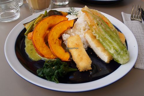 Lunch set main: zucchini flower tempura, deep-fried tofu, curry, roasted pumpkin and rice at Graines du Jour in Paris