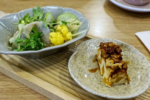Tofu w/pumpkin and caramelized walnuts + cauliflower/miso salad at Graines du Jour in Paris