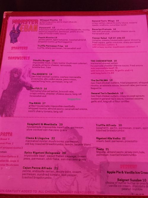 Menu at Monster Vegan in Philadelphia