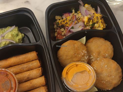 Jackfruit crab cakes and taquitos at Willow Vegan Bistro in New York City