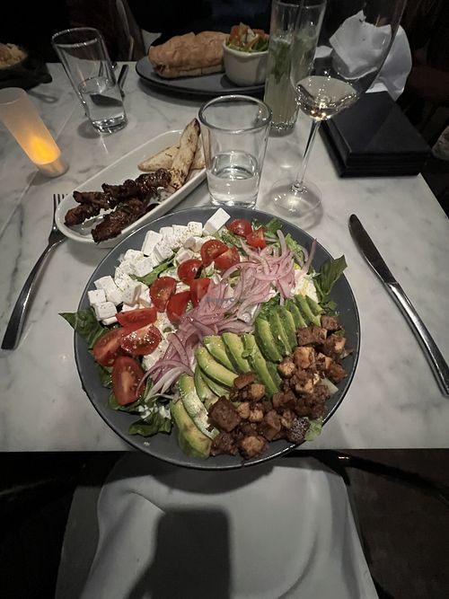 Cobb salad with barbecued seitan on a stick   at Willow Vegan Bistro in New York City