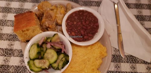 Squash casserole, red beans and rice, cukes and onions at Ajax Diner in Oxford