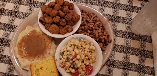 Fried okra, corn and tomato, field peas, mashed potaoes at Ajax Diner in Oxford