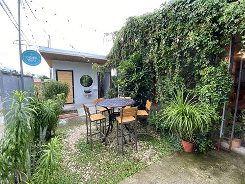 Outdoor seating & washroom   at El Chante Verde in La Fortuna
