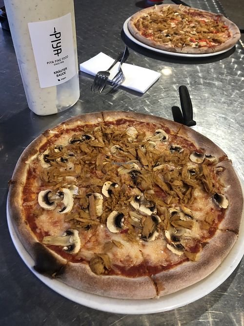 Vegan pizza with planted chicken and vegan ranch dressing  at Poly Bistro in Winterthur