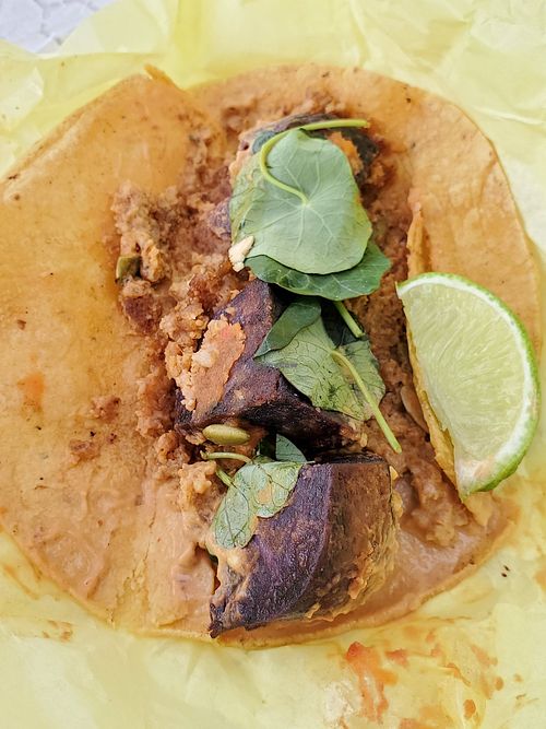 Camote purple potato taco at Taco Vega in Los Angeles
