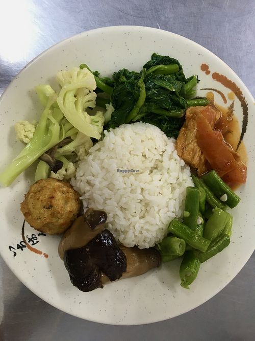 Bento rice set for 60 NTD - they let me choose 6 dishes! There’s also free self-serve soup at the front.  at Sān Yuán Zhāi 三元齋 in Tainan