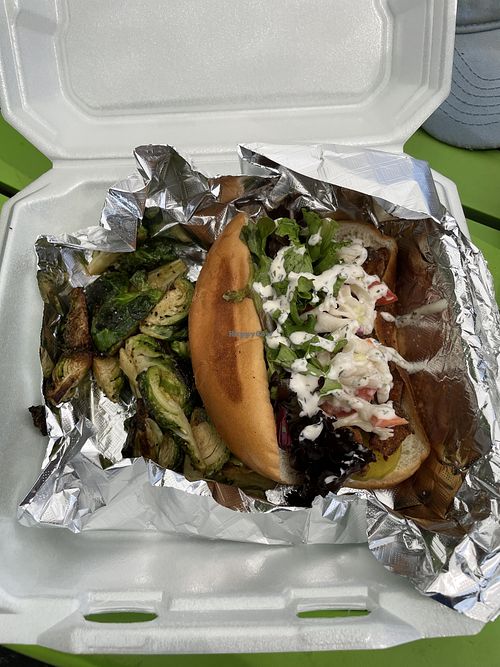 Oyster mushroom po’boy and roasted brussel sprouts    at Screaming Vegan in Roanoke