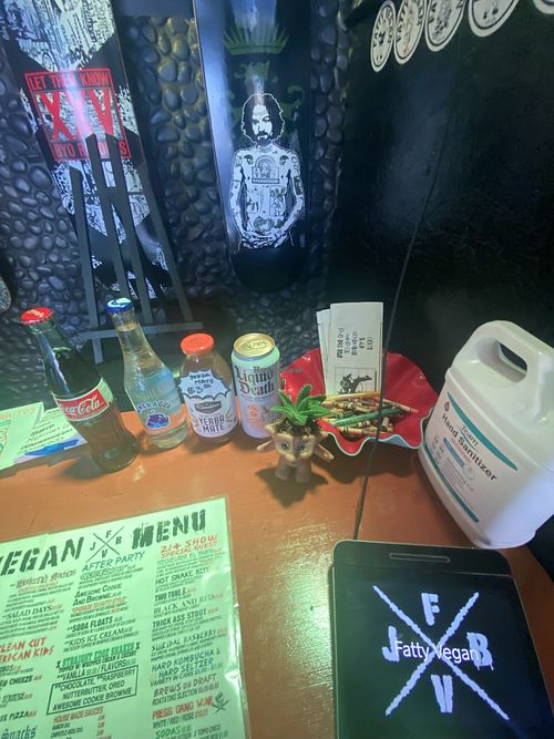 Vegan Fatty Menu + Drinks (Notice Troll Doll Planter)  at Fatty Vegan in Ventura