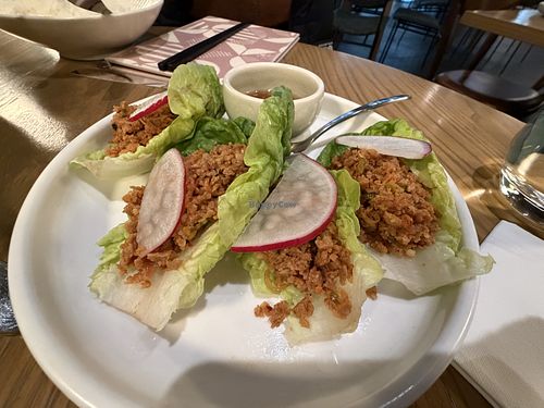 Larb salad, cos lettuce cups, Thai basil, prik nam pla  at east in Auckland