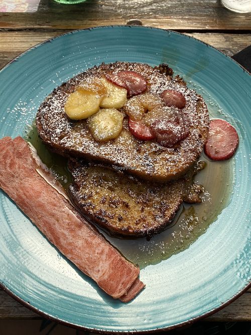 Vegan French Toast w/3 Slices of Vegan Bacon 😛  at Sky Cafe in South San Francisco