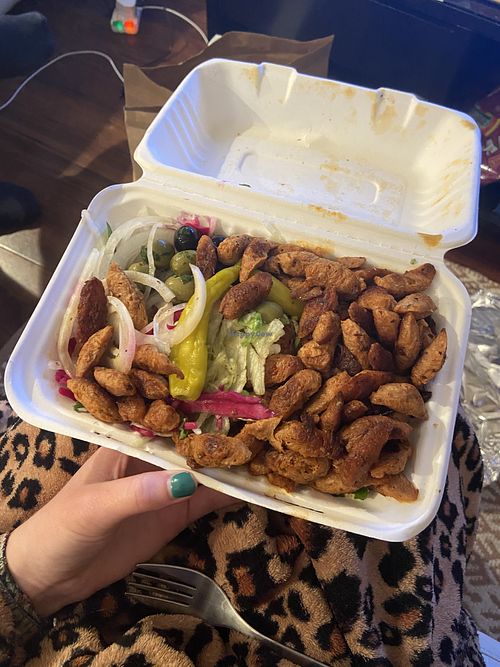 Mezze box with doner  at What The Pitta in Manchester