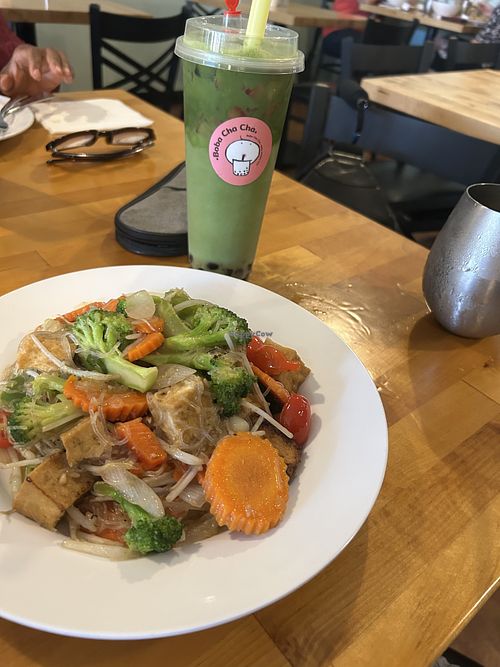 Tofu Pad Woon Sen (no egg/fish sauce) w/ Strawberry Matcha Uji Latte (sub almond milk)  at Thai Table in Maplewood